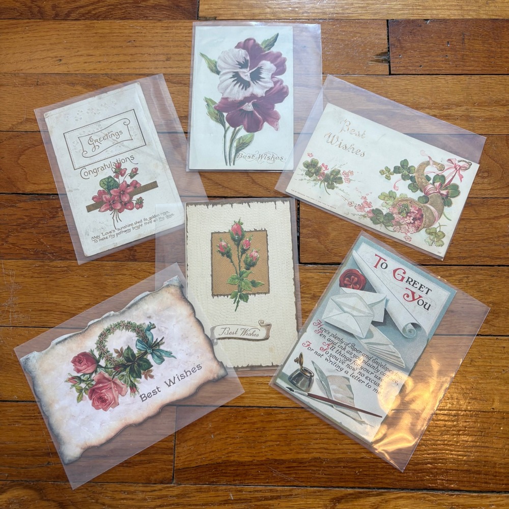 Vintage Postcard Lot 6 Greetings Best Wishes Floral Embossed Ephemera